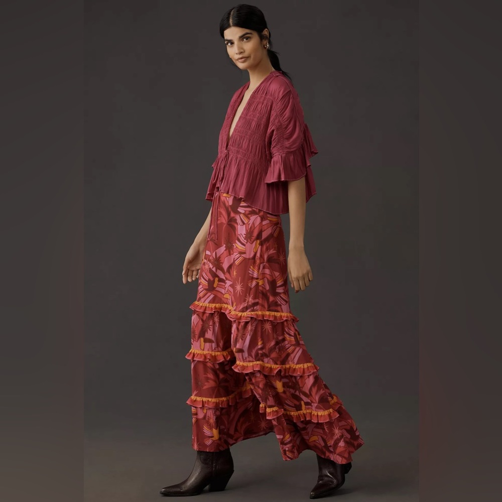 Farm Rio NWT Shirred Tiered Maxi Skirt Pink Combo Sz XS Anthropologie Garden - Picture 14 of 14